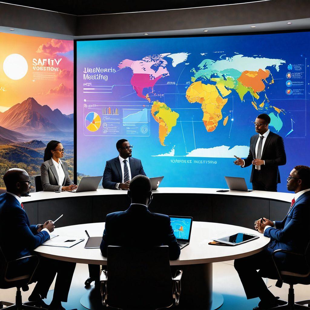 A modern virtual meeting scene with diverse professionals discussing adult content regulation, featuring African landscapes in the background, digital devices showcasing charts and statistics, and a strong emphasis on security and protection symbols like shields. vibrant colors. 3D.