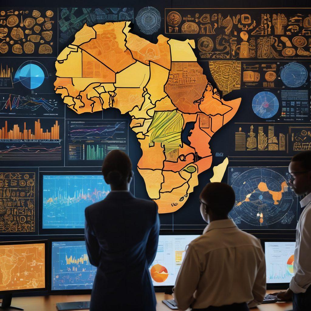 A dynamic collage depicting a diverse group of professionals analyzing digital data on large screens, surrounded by traditional African symbols and motifs. Integrate elements like a digital map of Africa highlighting various market trends, along with icons representing risk management tools, such as shields and graphs. The color palette should be vibrant, showcasing a blend of modern technology with traditional African art styles. super-realistic. vibrant colors. digitally enhanced.