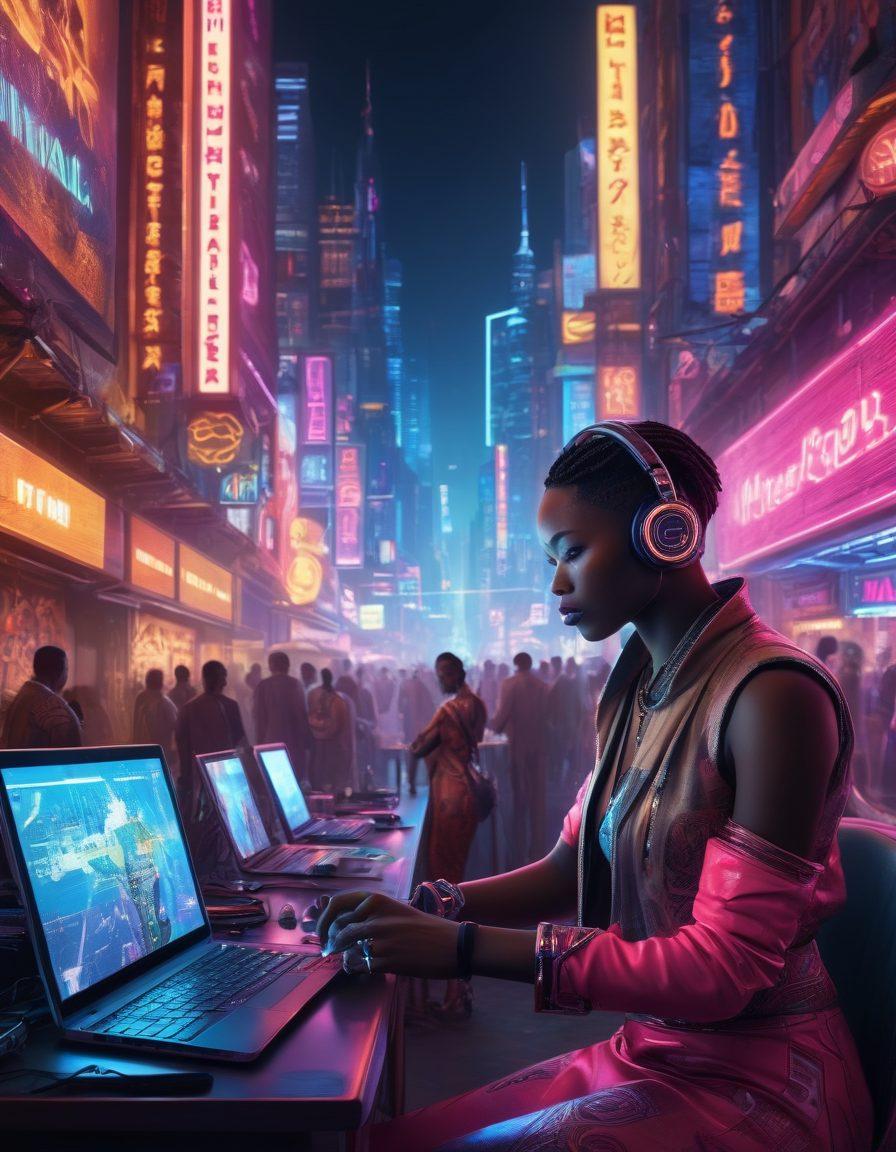A vibrant, futuristic cityscape representing Africa's digital landscape, filled with neon lights and adult entertainment symbols like film reels and microphones. In the foreground, a diverse group of entrepreneurs is discussing strategies, surrounded by digital devices like tablets and laptops displaying coverage maps. Incorporate African motifs and technology elements to symbolize innovation. Bright colors with a slightly edgy aesthetic to reflect the adult entertainment industry. cyberpunk. vibrant colors. 3D.